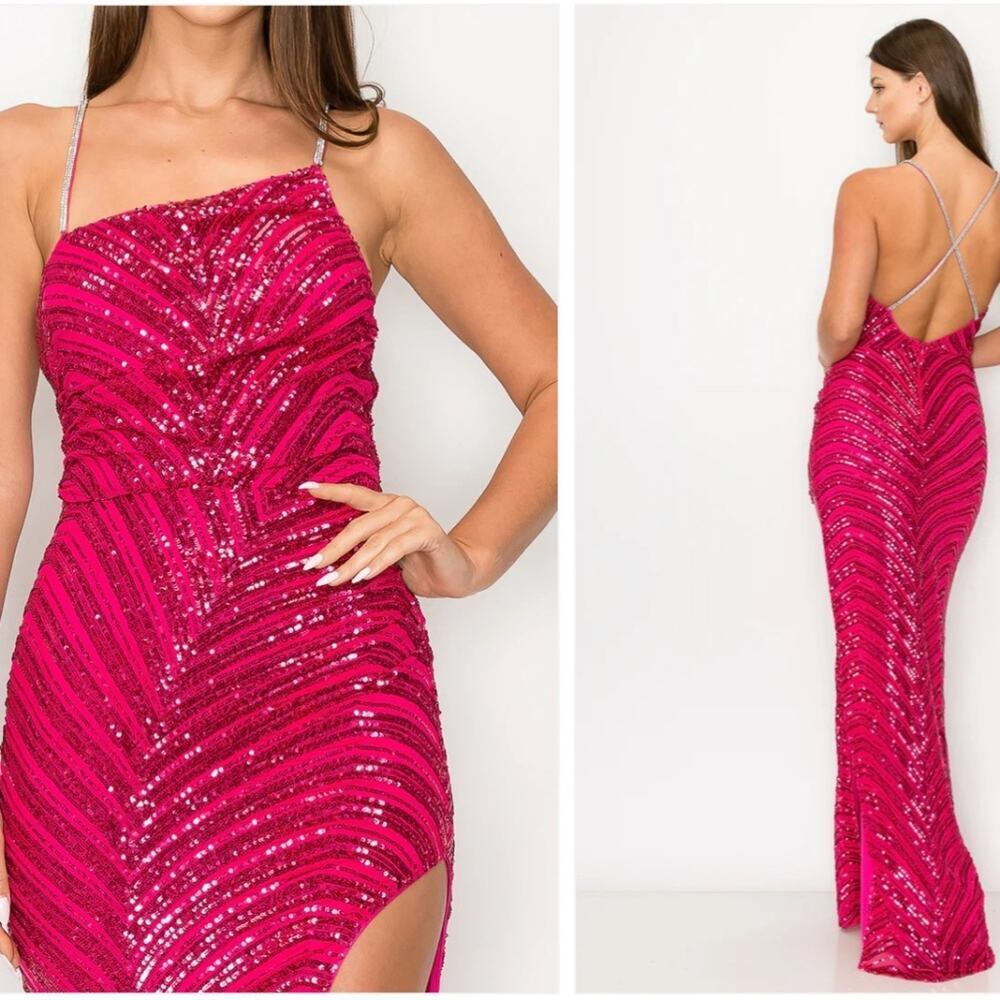 Minuet Formal Dress Size Large Pink Sequin Glam Low Back Prom Cruise Gala NWT